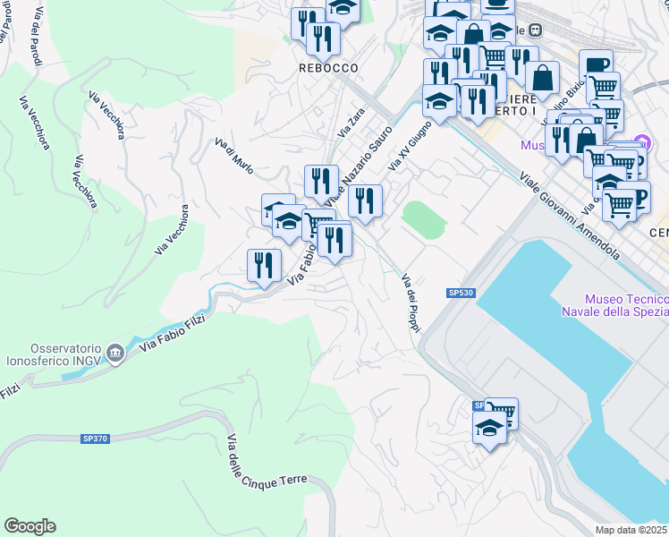 map of restaurants, bars, coffee shops, grocery stores, and more near Via della Croce in La Spezia