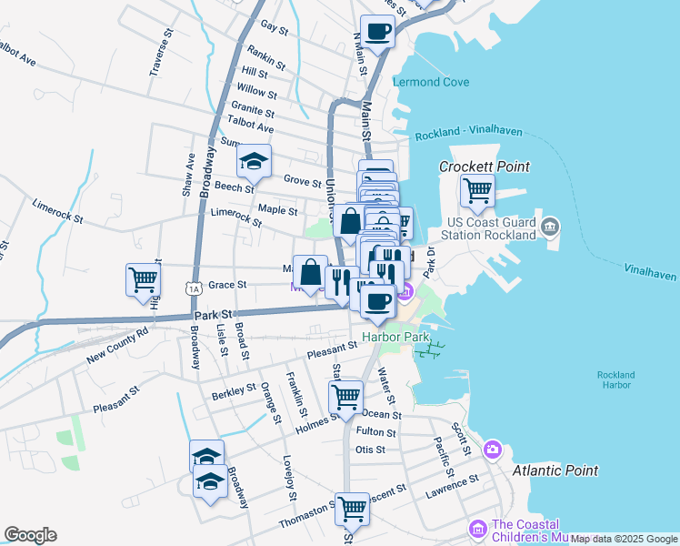 map of restaurants, bars, coffee shops, grocery stores, and more near 62 Union Street in Rockland