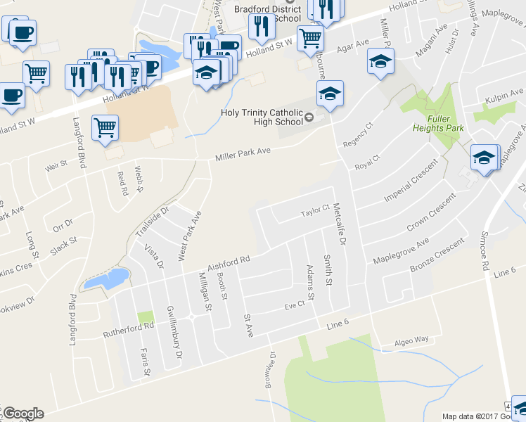 map of restaurants, bars, coffee shops, grocery stores, and more near 162 Metcalfe Drive in Bradford West Gwillimbury