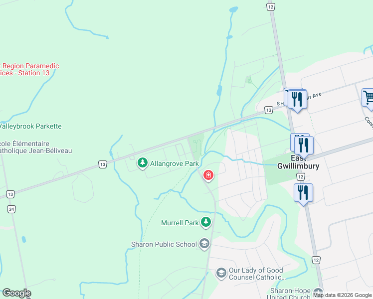 map of restaurants, bars, coffee shops, grocery stores, and more near 1046 Murrell Boulevard in East Gwillimbury