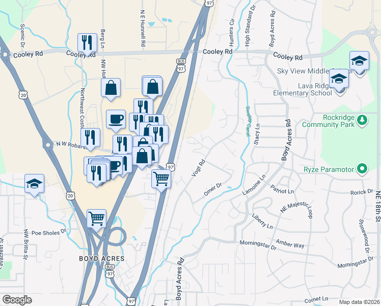 map of restaurants, bars, coffee shops, grocery stores, and more near 20595 Lynn Way in Bend
