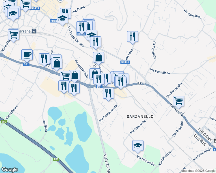 map of restaurants, bars, coffee shops, grocery stores, and more near Strada Statale 1 Aurelia in Sarzana