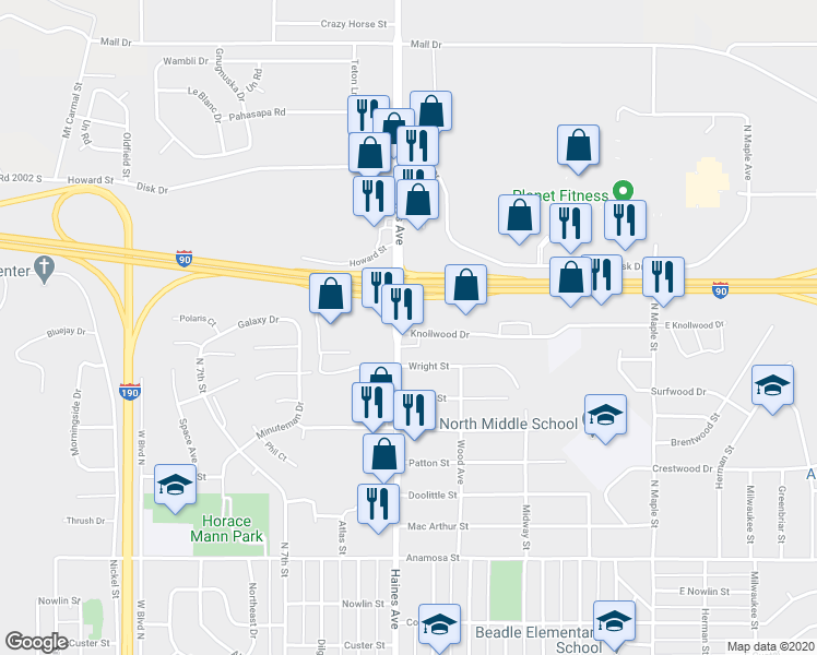 map of restaurants, bars, coffee shops, grocery stores, and more near 418 Knollwood Drive in Rapid City