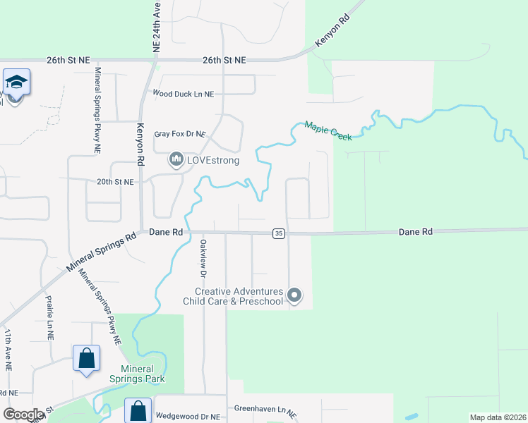 map of restaurants, bars, coffee shops, grocery stores, and more near 2050 Raspberry Ridge Place Northeast in Owatonna