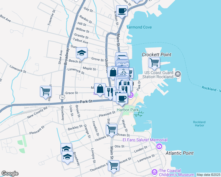 map of restaurants, bars, coffee shops, grocery stores, and more near 62 Union Street in Rockland