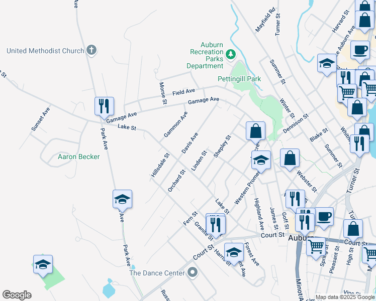 map of restaurants, bars, coffee shops, grocery stores, and more near 98 Davis Avenue in Auburn