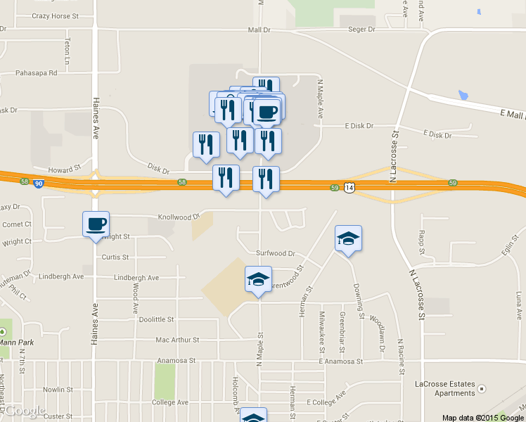map of restaurants, bars, coffee shops, grocery stores, and more near 640 Flormann Street in Rapid City