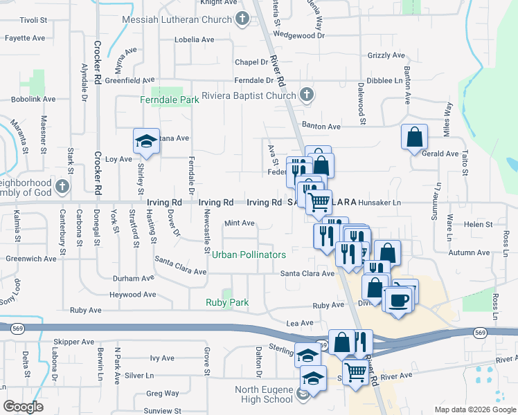 map of restaurants, bars, coffee shops, grocery stores, and more near 200 Irving Road in Eugene