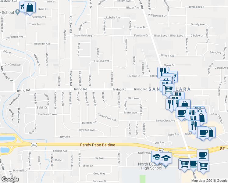 map of restaurants, bars, coffee shops, grocery stores, and more near 2684 Oxford Court in Eugene