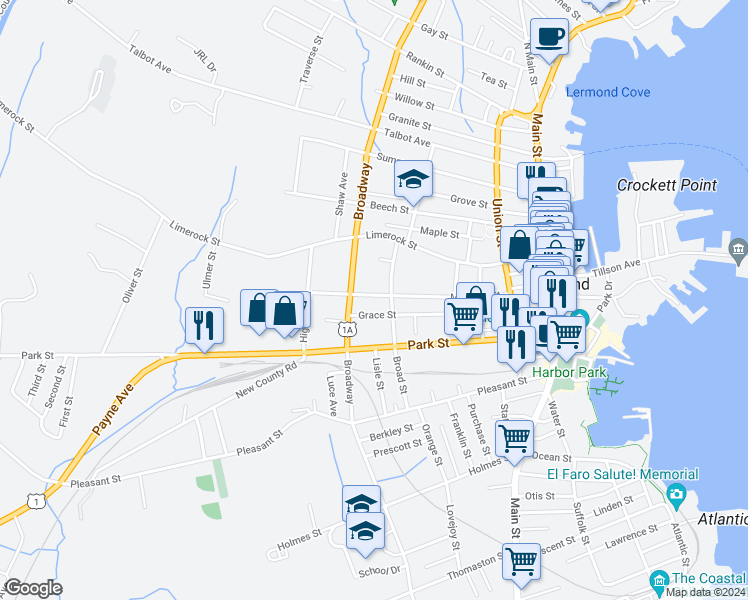 map of restaurants, bars, coffee shops, grocery stores, and more near 79 Grace Street in Rockland