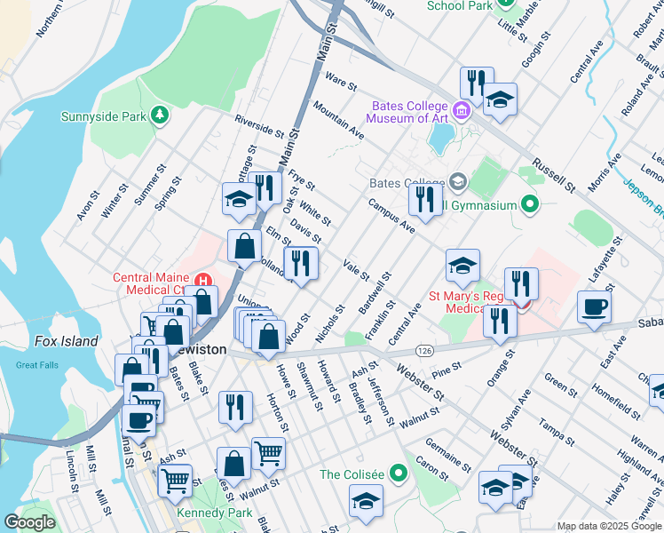 map of restaurants, bars, coffee shops, grocery stores, and more near 161 College Street in Lewiston