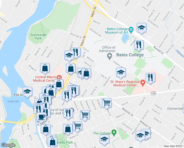 map of restaurants, bars, coffee shops, grocery stores, and more near 161 College Street in Lewiston