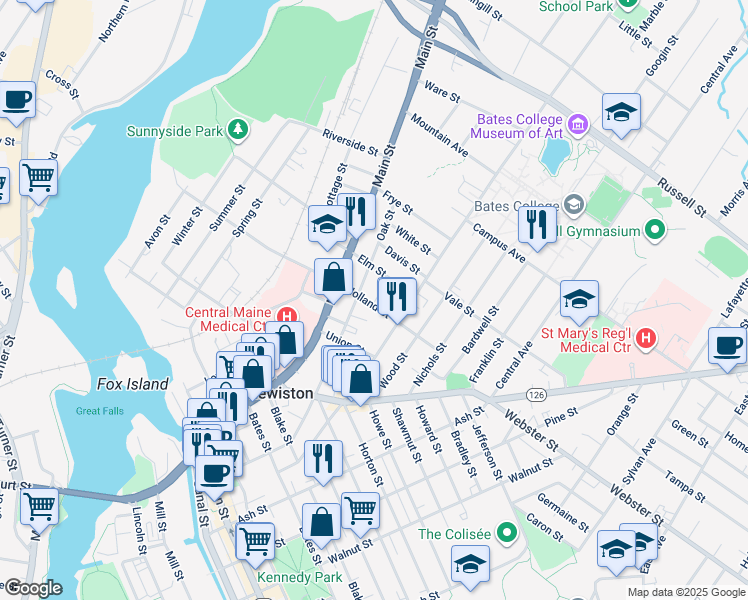 map of restaurants, bars, coffee shops, grocery stores, and more near 166 Holland Street in Lewiston