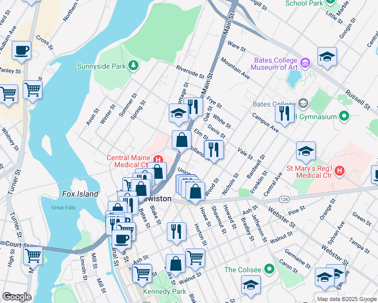 map of restaurants, bars, coffee shops, grocery stores, and more near 182 Oak Street in Lewiston