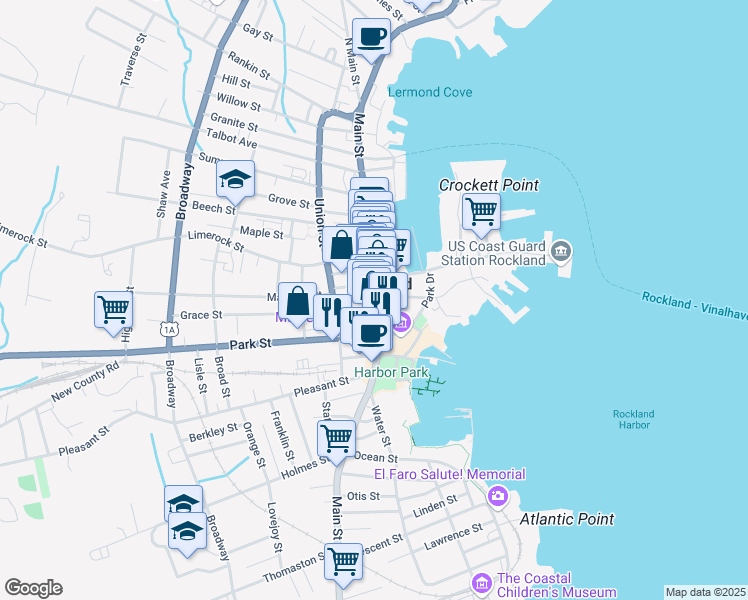 map of restaurants, bars, coffee shops, grocery stores, and more near 21 Elm Street in Rockland