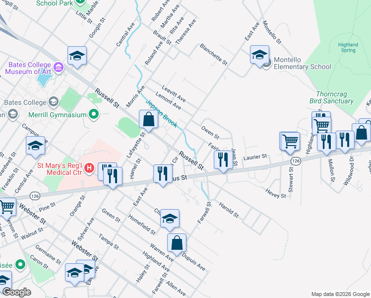 map of restaurants, bars, coffee shops, grocery stores, and more near 216 Russell Street in Lewiston