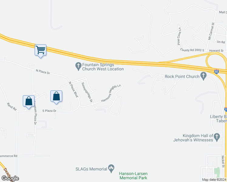 map of restaurants, bars, coffee shops, grocery stores, and more near 1721 Harmony Heights Lane in Rapid City