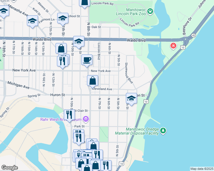 map of restaurants, bars, coffee shops, grocery stores, and more near 610 Cleveland Avenue in Manitowoc