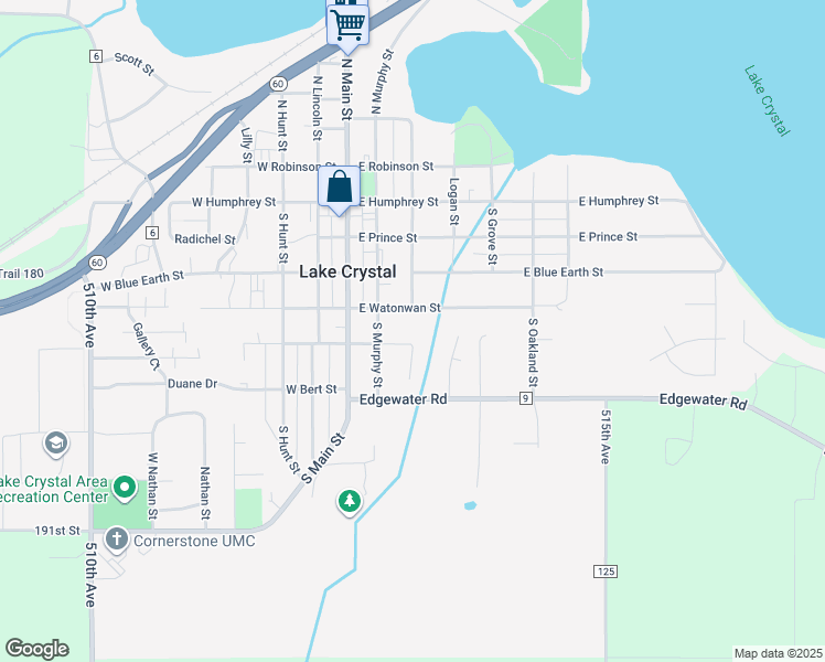 map of restaurants, bars, coffee shops, grocery stores, and more near 221 East Shephard Street in Lake Crystal
