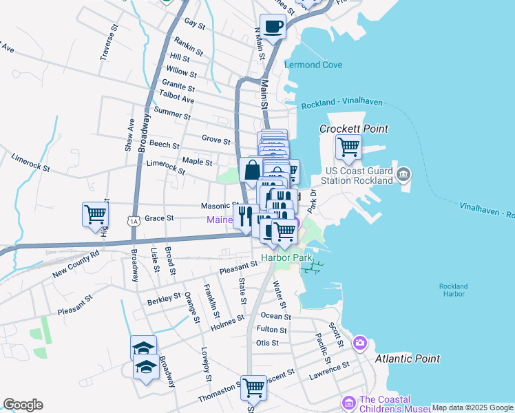 map of restaurants, bars, coffee shops, grocery stores, and more near 21 Elm Street in Rockland