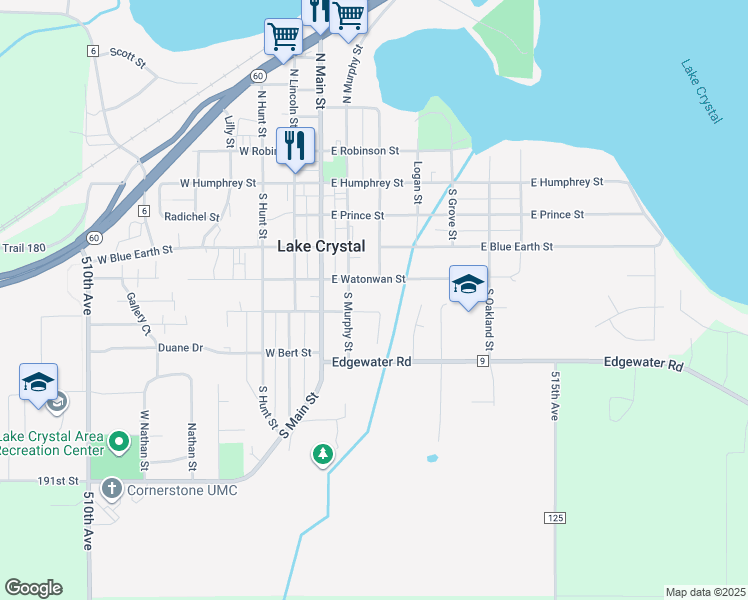 map of restaurants, bars, coffee shops, grocery stores, and more near 221 East Shephard Street in Lake Crystal
