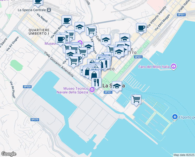 map of restaurants, bars, coffee shops, grocery stores, and more near 14 Corso Cavour in La Spezia