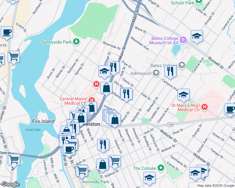 map of restaurants, bars, coffee shops, grocery stores, and more near 166 Holland Street in Lewiston