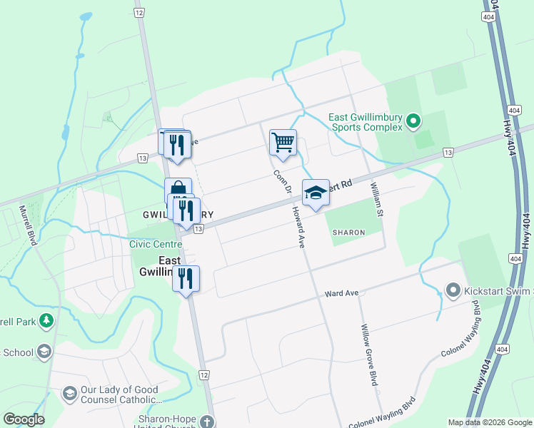 map of restaurants, bars, coffee shops, grocery stores, and more near 30 Morton Avenue in East Gwillimbury