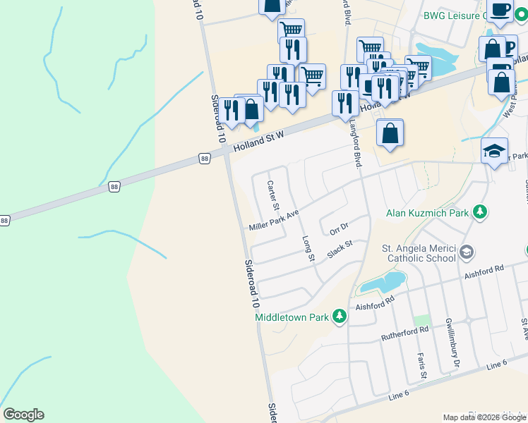 map of restaurants, bars, coffee shops, grocery stores, and more near 240 Armstrong Crescent in Bradford West Gwillimbury