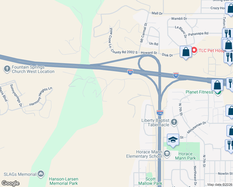 map of restaurants, bars, coffee shops, grocery stores, and more near 1925 Peace Path in Rapid City