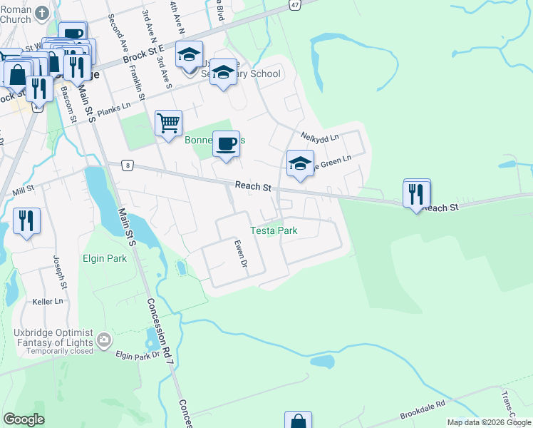 map of restaurants, bars, coffee shops, grocery stores, and more near 2 Testa Road in Uxbridge