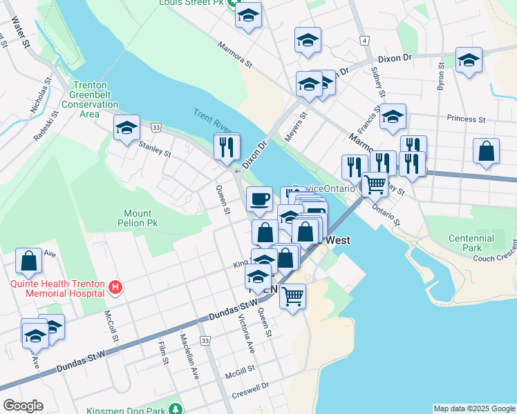 map of restaurants, bars, coffee shops, grocery stores, and more near in Quinte West
