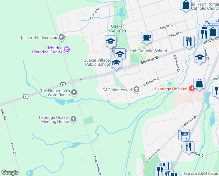 map of restaurants, bars, coffee shops, grocery stores, and more near 22 Geo Izatt Drive in Uxbridge