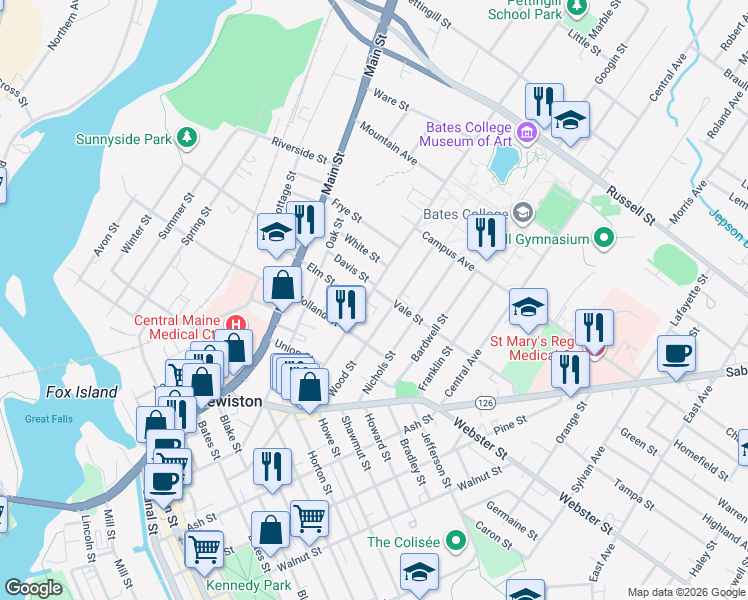 map of restaurants, bars, coffee shops, grocery stores, and more near 179 College Street in Lewiston
