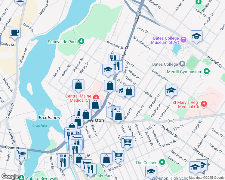 map of restaurants, bars, coffee shops, grocery stores, and more near 377 Main Street in Lewiston