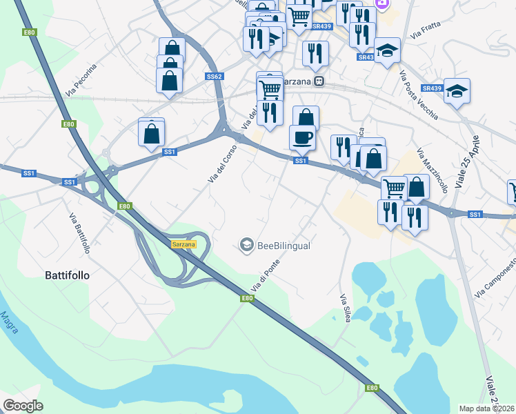 map of restaurants, bars, coffee shops, grocery stores, and more near 80 Via Giuncaro in Sarzana
