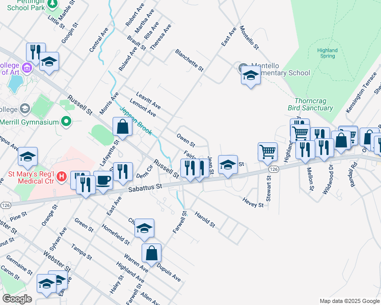 map of restaurants, bars, coffee shops, grocery stores, and more near 61 Fairlawn Avenue in Lewiston