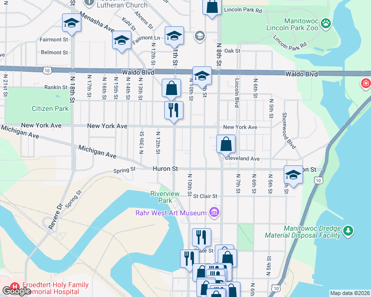 map of restaurants, bars, coffee shops, grocery stores, and more near 1001 Huron Street in Manitowoc