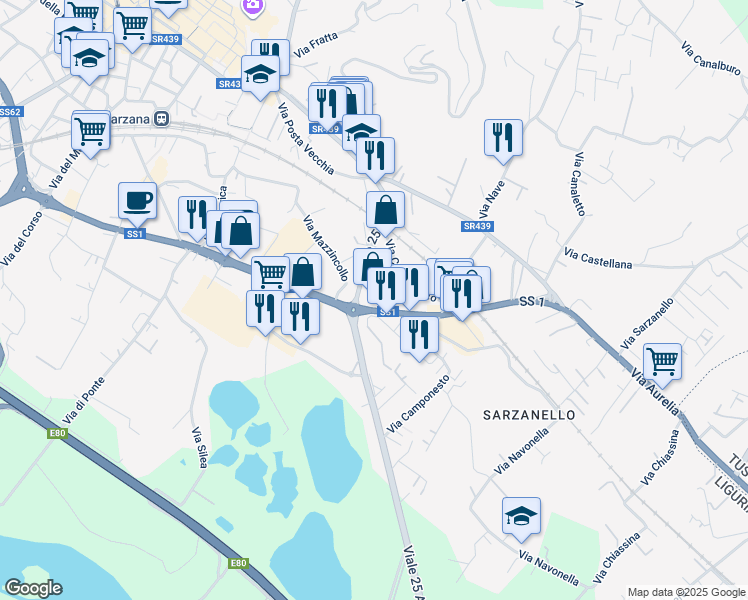 map of restaurants, bars, coffee shops, grocery stores, and more near 195 Via Aurelia in Sarzana