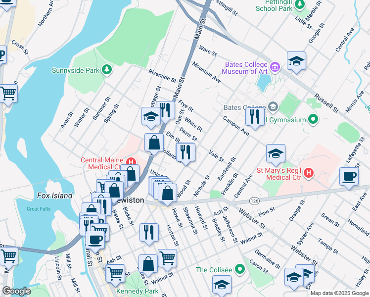 map of restaurants, bars, coffee shops, grocery stores, and more near 93 Elm Street in Lewiston