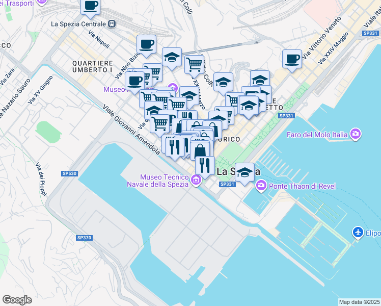map of restaurants, bars, coffee shops, grocery stores, and more near 14 Corso Cavour in La Spezia