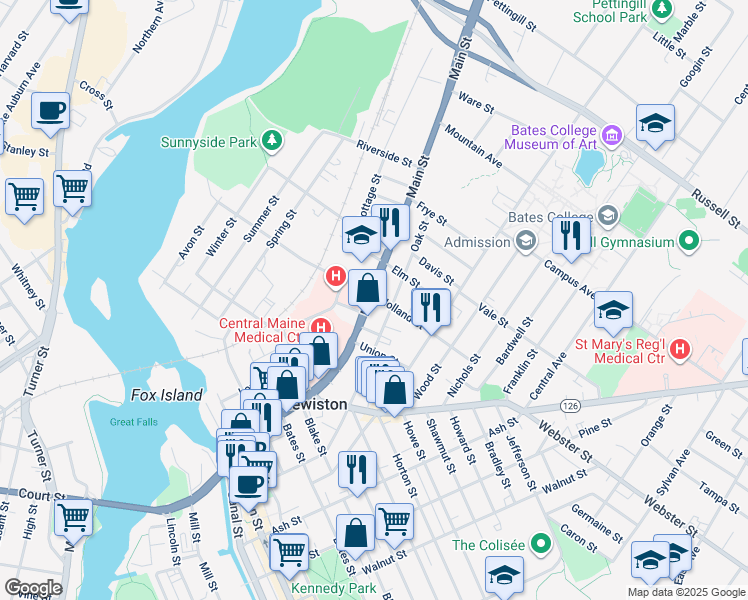 map of restaurants, bars, coffee shops, grocery stores, and more near 377 Main Street in Lewiston