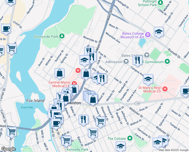map of restaurants, bars, coffee shops, grocery stores, and more near 166 Holland Street in Lewiston