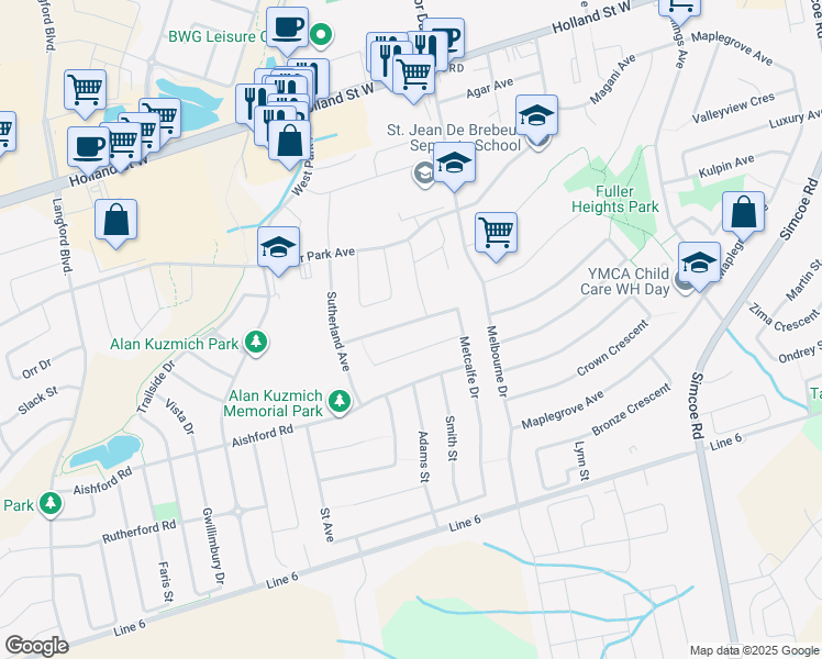 map of restaurants, bars, coffee shops, grocery stores, and more near 134 Metcalfe Drive in Bradford West Gwillimbury