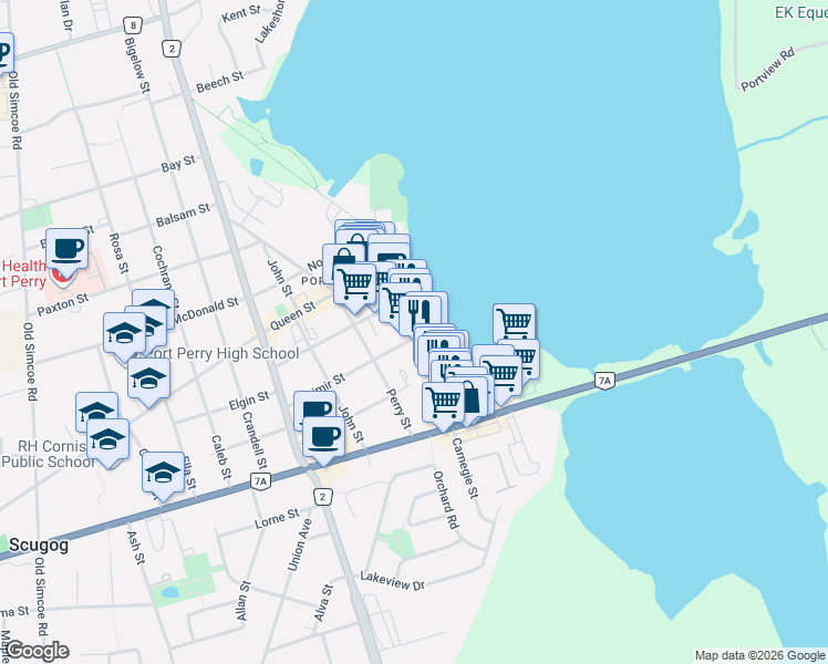 map of restaurants, bars, coffee shops, grocery stores, and more near 108 Water Street in Scugog