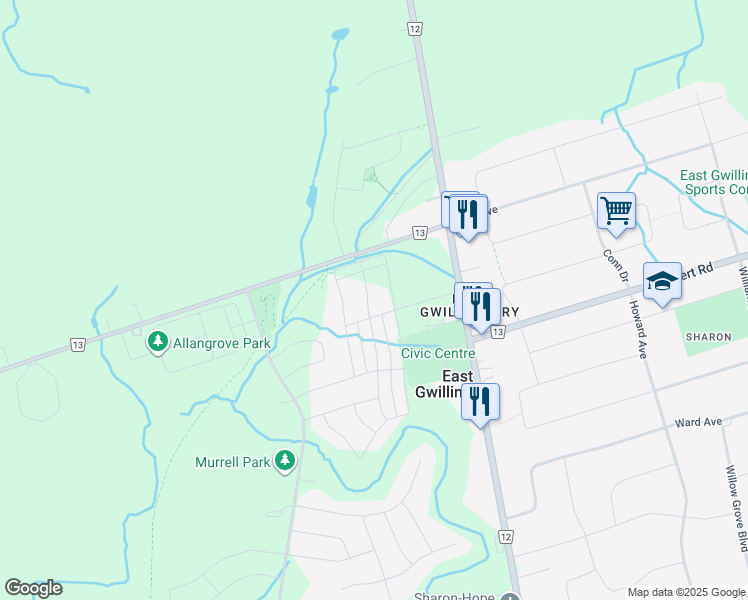 map of restaurants, bars, coffee shops, grocery stores, and more near 51 Walter Proctor Road in East Gwillimbury