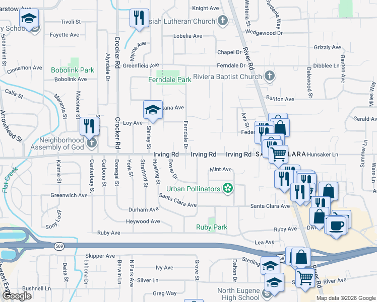 map of restaurants, bars, coffee shops, grocery stores, and more near 395 Irving Road in Eugene