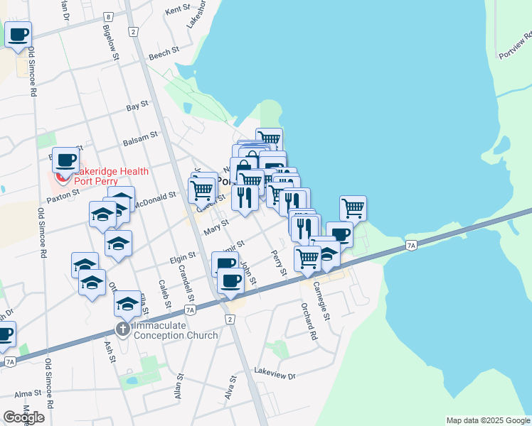 map of restaurants, bars, coffee shops, grocery stores, and more near 170 Casimir Street in Port Perry