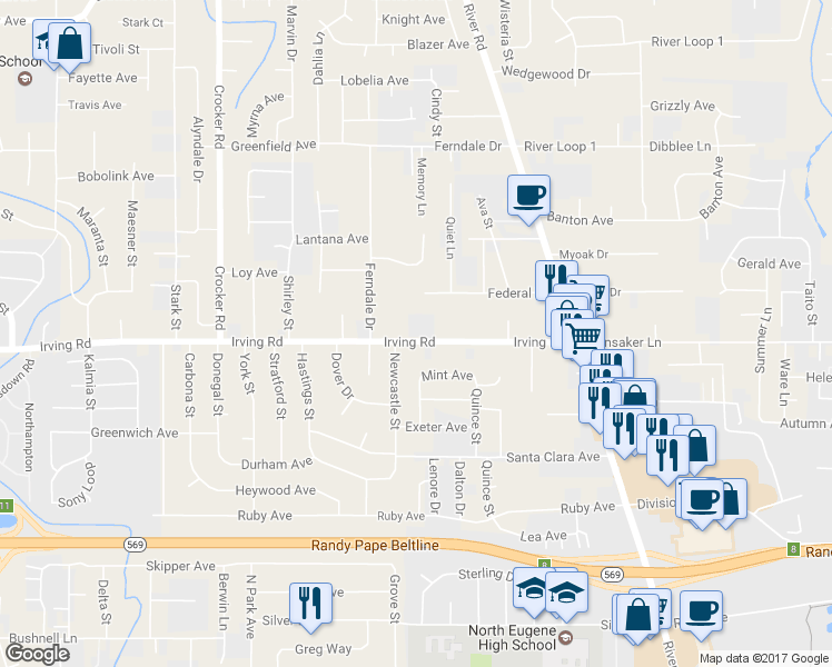 map of restaurants, bars, coffee shops, grocery stores, and more near 301 Irving Road in Eugene