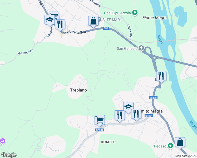 map of restaurants, bars, coffee shops, grocery stores, and more near 16 Via Predallara in Provincia della Spezia